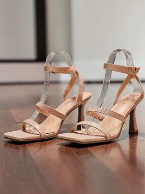 Strappy Nude Beige High Heel Sandals With Square Toe & Adjustable Ankle Strap Fo